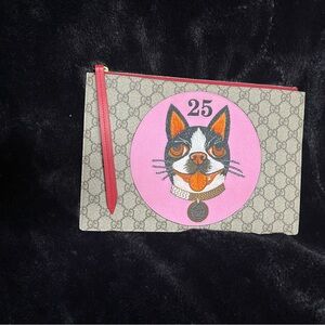 Gucci Pink Cat Print Pouch with Red Zipper